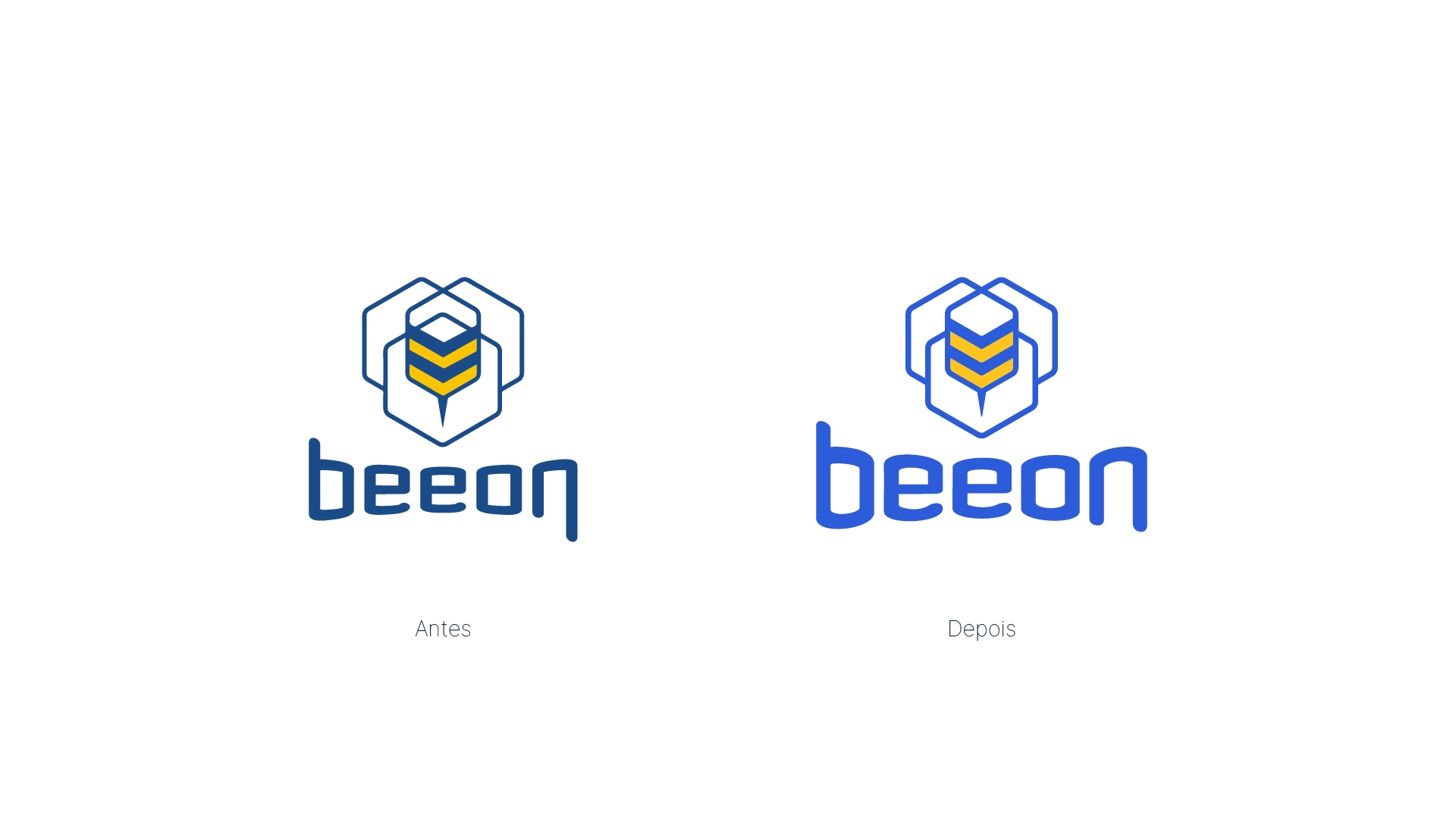 Comparação do logotipo da Beeon antes e depois da reformulação, mostrando as versões antiga e nova lado a lado.