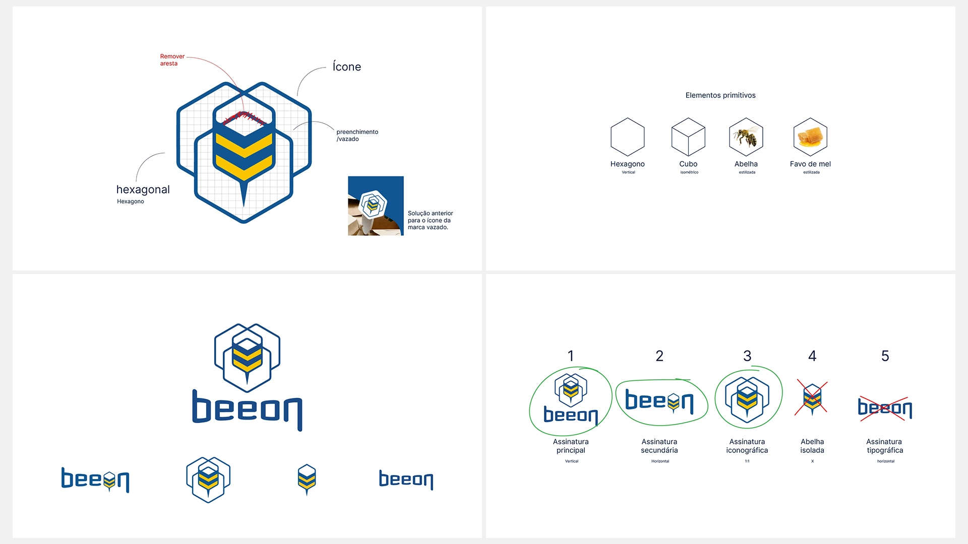 Apresentação do processo de redesign do logotipo da Beeon, incluindo o ícone hexagonal, elementos primitivos, e diferentes assinaturas da marca.